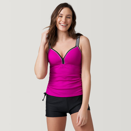 [Emily is 5’9” wearing a size Small.] Women's Track Stripe Tankini Top - Magenta #color_magenta
