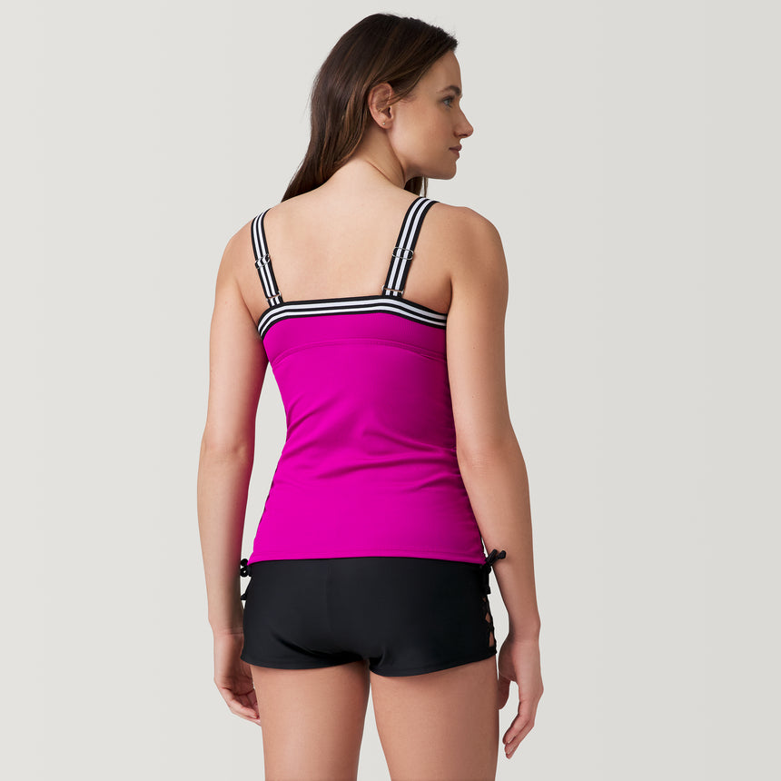 [Emily is 5’9” wearing a size Small.] Women's Track Stripe Tankini Top - Magenta #color_magenta