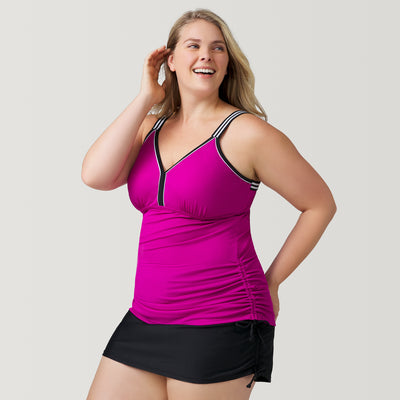 [Angela is 5'10" and wearing a size 1X.] Women's Plus Size Track Stripe Tankini - 1X - Magenta #color_magenta