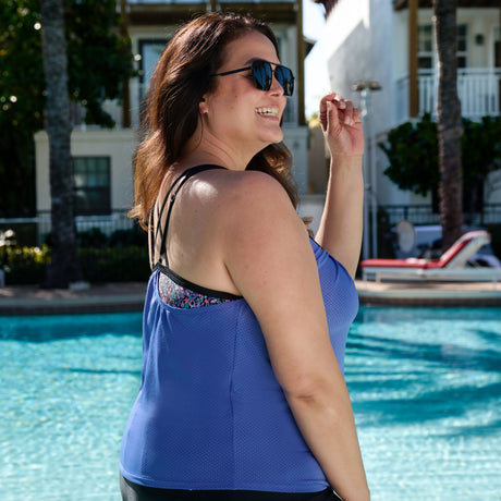 Women's Plus Size Textured Mesh Side Tie Blouson Tankini Top