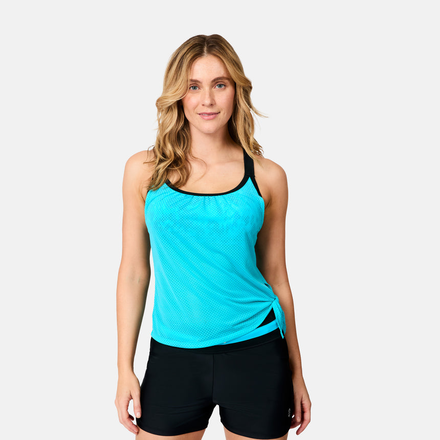 [Brooke is 5'9" wearing size S] Woman wearing a blue athletic tank top and black shorts on a white background