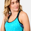 [Brooke is 5'9" wearing size S] Woman wearing a blue tank top with black trim on a white background