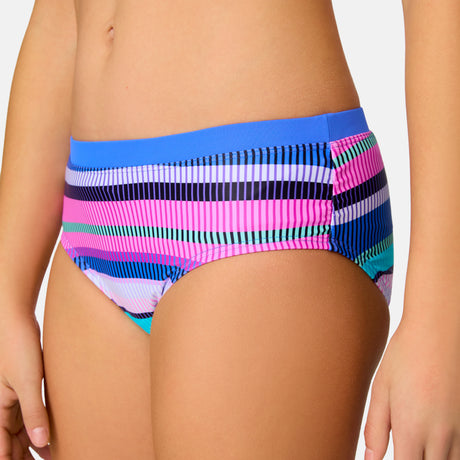 [Model is wearing a size Medium.] Girl wearing the Free Country Girls' Fresco Rash Guard and Bikini Swim Set in Peri Marina Stripe, size M, featuring a raglan sleeve rash guard and racerback tankini top and lined bikini bottom made from recycled polyester fabric that provides four way stretch and upf protection #color_ Peri-Marina-Stripe
