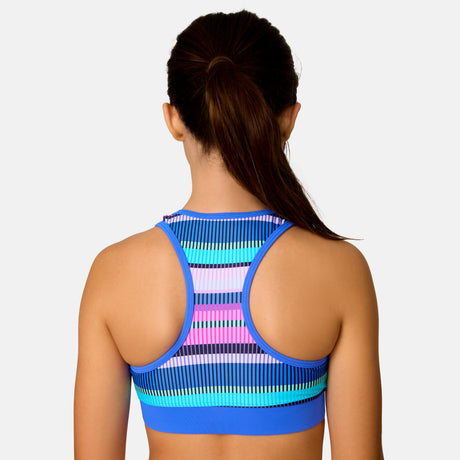 [Model is wearing a size Medium.] Girl wearing the Free Country Girls' Fresco Rash Guard and Bikini Swim Set in Peri Marina Stripe, size M, featuring a raglan sleeve rash guard and racerback tankini top and lined bikini bottom made from recycled polyester fabric that provides four way stretch and upf protection #color_ Peri-Marina-Stripe