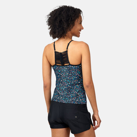 [Victoria is 5'11" wearing a size Small.] Women's Wildflower High Neck Macrame Back Tankini Top - S - Black Wildflower #color_black-wildflower