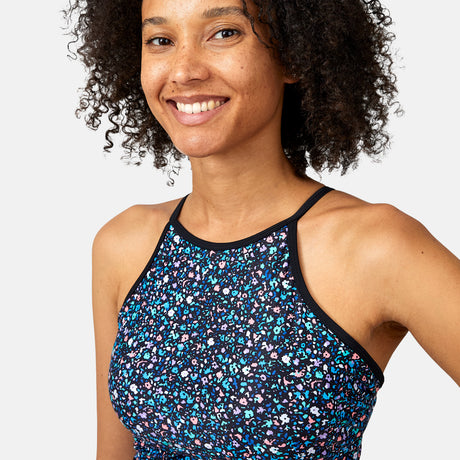 [Victoria is 5'11" wearing a size Small.] Women's Wildflower High Neck Macrame Back Tankini Top - S - Black Wildflower #color_black-wildflower