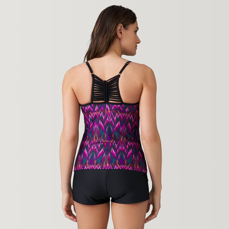 [Emily is 5'9" wearing a size Small.] Women's Tango High Neck Macrame Back Tankini Top - Magenta Tango #color_magenta-tango