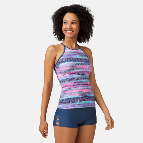 [Victoria is 5'11" wearing a size Small.] Women's Summer Haze High Neck Macrame Back Tankini Top - Periwinkle Summer Haze - S #color_periwinkle-summer-haze