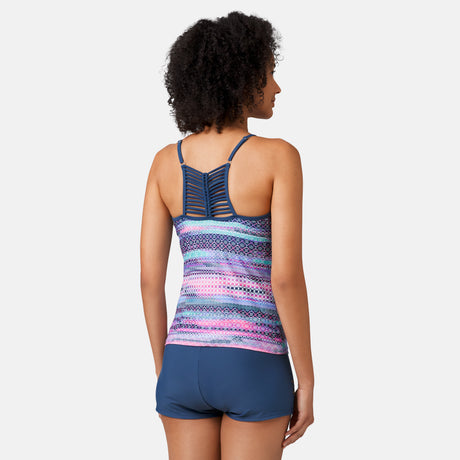 [Victoria is 5'11" wearing a size Small.] Women's Summer Haze High Neck Macrame Back Tankini Top - Periwinkle Summer Haze - S #color_periwinkle-summer-haze