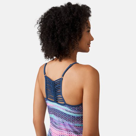 [Victoria is 5'11" wearing a size Small.] Women's Summer Haze High Neck Macrame Back Tankini Top - Periwinkle Summer Haze - S #color_periwinkle-summer-haze