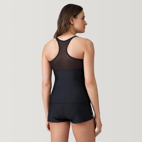 [Emily is 5’9” wearing a size Small.] Women's Tango Mesh Zip Up Racerback Tankini Top - S - Black Tango #color_black-tango