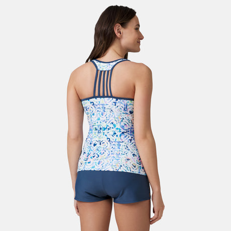 [Emily is 5’9” wearing a size Small.] Women's Mosaic Mirage Lace Up Racerback Tankini Top - S - #color_periwinkle-mosaic-mirage