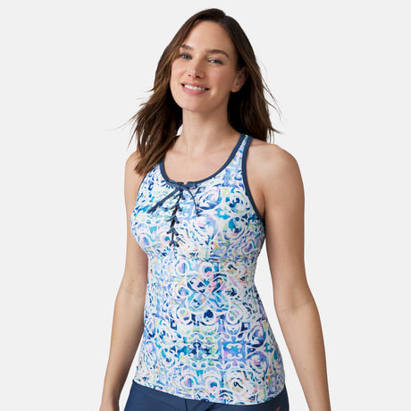 [Emily is 5’9” wearing a size Small.] Women's Mosaic Mirage Lace Up Racerback Tankini Top - S - #color_periwinkle-mosaic-mirage