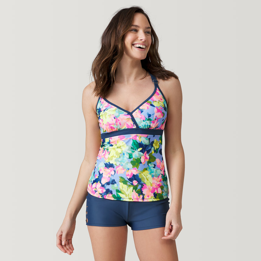 [Emily is 5’9” wearing a size Small.] Women's Blooms Macrame Back Tankini Top - Wisteria Blooms - S #color_wisteria-blooms