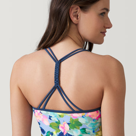 [Emily is 5’9” wearing a size Small.] Women's Blooms Macrame Back Tankini Top - Wisteria Blooms - S #color_wisteria-blooms