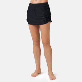 [Model is 5’9” wearing a size Small.] Women's Side Shirred Swim Skirt - S - Black #color_black