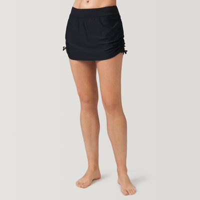 [Model is 5’9” wearing a size Small.] Women's Side Shirred Swim Skirt - S - Black #color_black