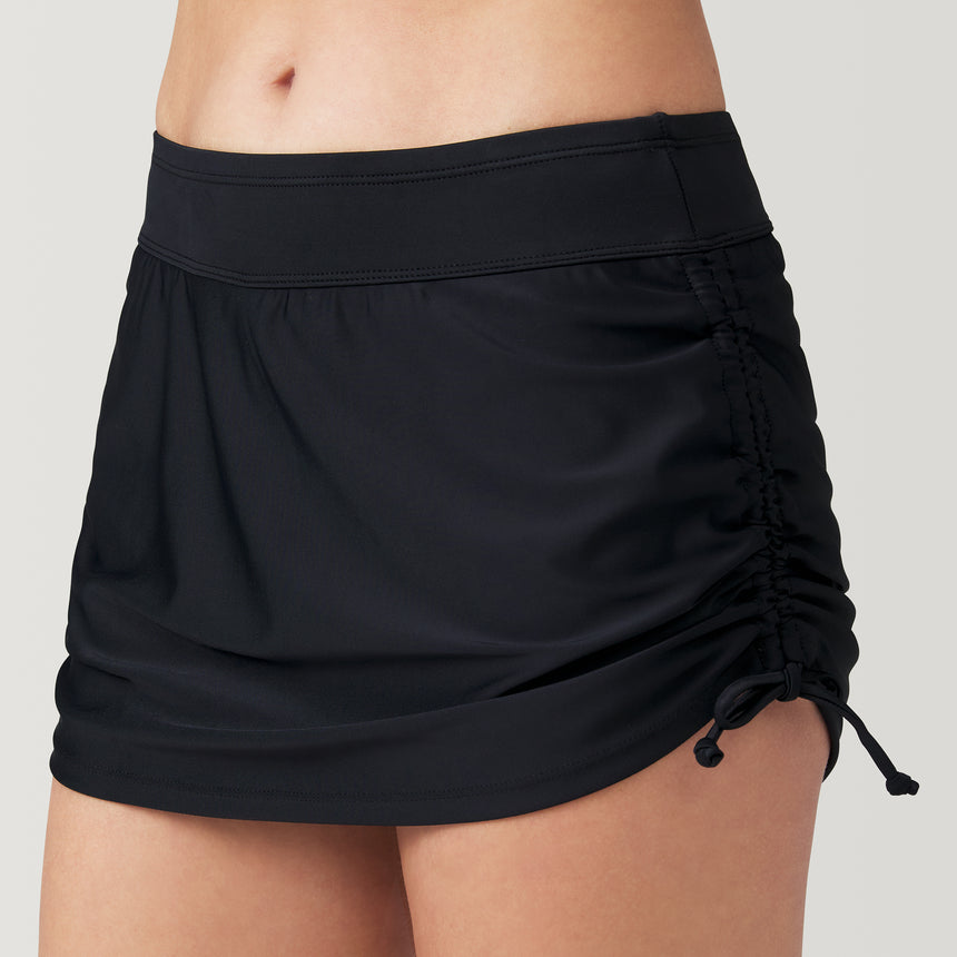 [Model is 5’9” wearing a size Small.] Women's Side Shirred Swim Skirt - S - Black #color_black