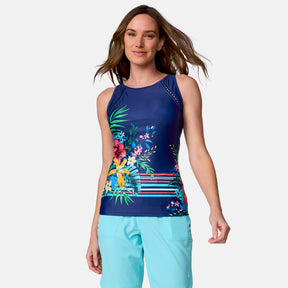 A woman models the Clearance Women's Seashore Blossom High Neck Tankini Top, featuring a colorful floral and stripe pattern and quick-drying fabric, styled with light blue shorts against a plain white background.