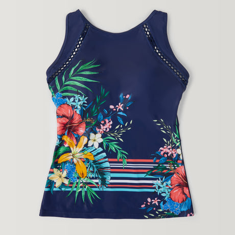 The Women's Seashore Blossom High Neck Tankini Top by Clearance features a navy blue design with tropical flowers, green leaves, horizontal stripes near the hem, shoulder lattice details, and quick-drying fabric for all-day comfort.