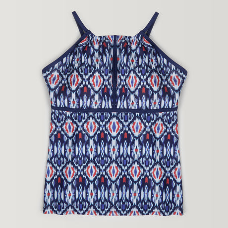 The Women's Cascade Ikat 2-in-1 Keyhole Tankini Top by Clearance features a high neckline, thin straps, and a blue, white, and red geometric ikat print in quick-drying fabric, shown sleeveless on a white background.