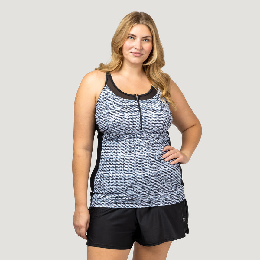 Women's Plus Size Crochet Wave Mesh Zip-Up Tankini Top