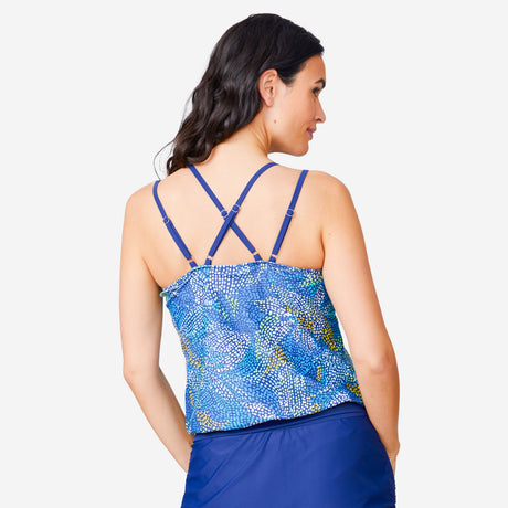 A woman with long dark hair is shown from the back, wearing the Clearance Women's Fresco Double Strap Cut Out Blouson Tankini Top in blue and a matching skirt, standing against a plain white background.
