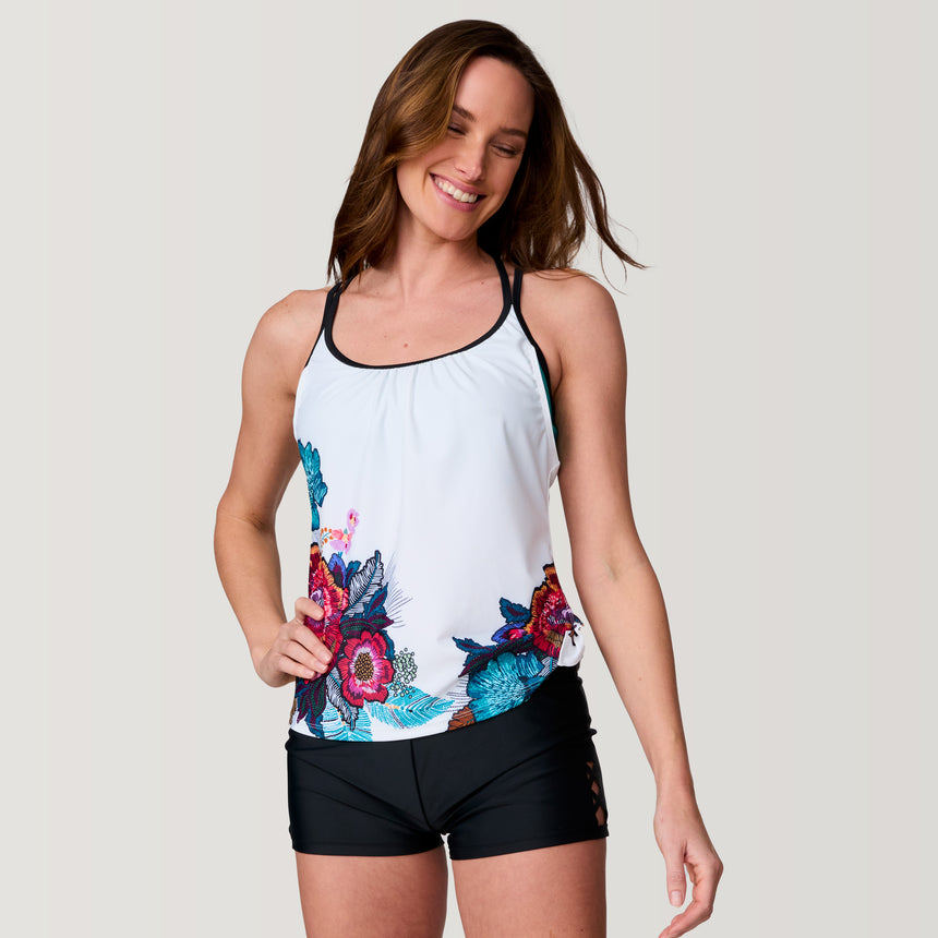 Women's Macrame Floral Side Tie Blouson Tankini Top