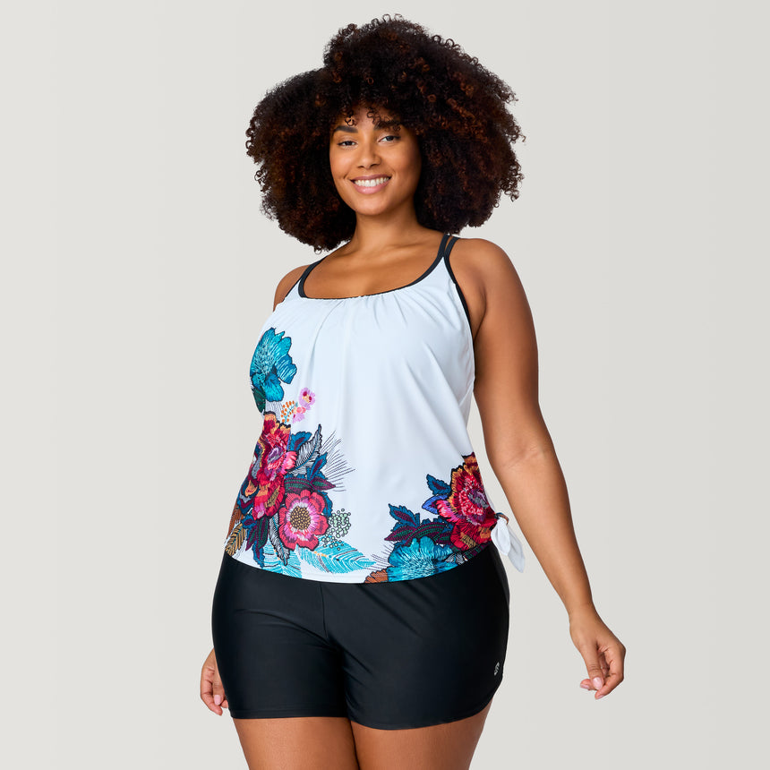 Women's Plus Size Seashore Blossom Side Tie Blouson Tankini Top