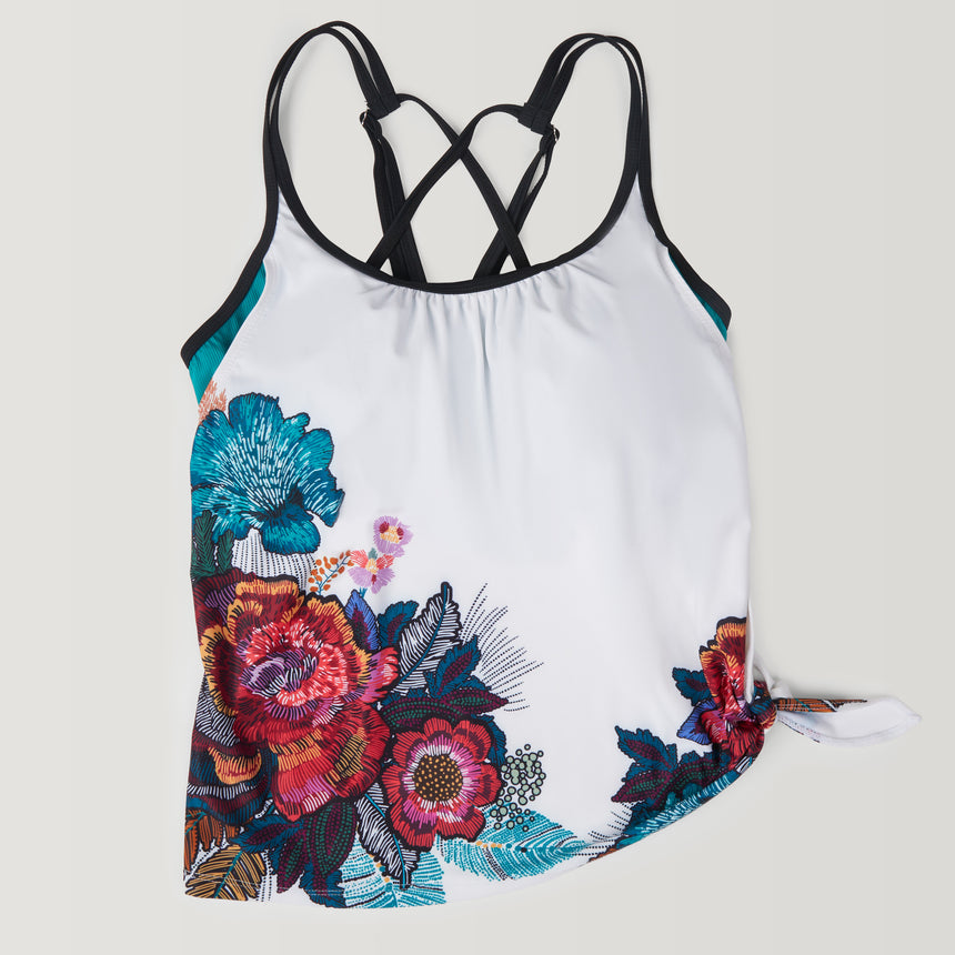 Women's Macrame Floral Side Tie Blouson Tankini Top