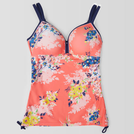The Women's Poolside Bouquet Double Strap Tankini Top by Clearance is sleeveless and coral pink with navy straps, a side drawstring, and blue, yellow, and white floral prints. Made from quick-dry material for all-day comfort.