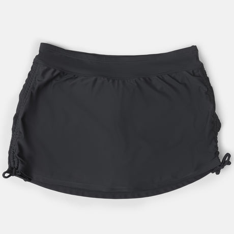The Free Country Women's Side Shirred Swim Skirt is a black athletic swim skirt with built-in brief and adjustable side ties, shown flat on a white background.
