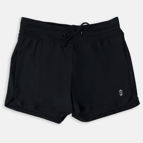 The Free Country Women's Drawstring Swim Short is a pair of black quick-dry athletic shorts with an elastic waistband, adjustable drawstring, and a small reflective logo on the lower left leg, shown on a plain white background.