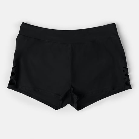 The Free Country Women's Laser Cut Boyshort, made from recycled materials, features a wide waistband and crisscross side cut-outs, shown here in black on a plain white background.