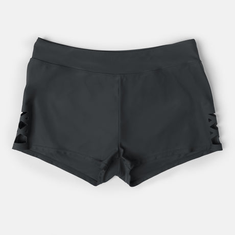 The Free Country Women's Laser Cut Boyshort, black athletic shorts made from recycled materials with a wide waistband and lattice-style cutouts by the hem, is displayed against a plain white background.