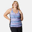 [Lola is 5'10" wearing size S] Woman wearing a colorful patterned tank top on a white background