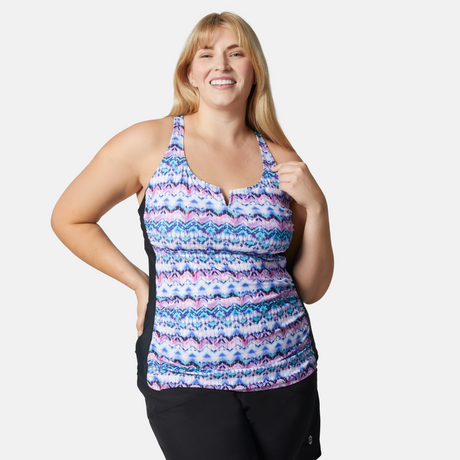 [Lola is 5'10" wearing size S] Woman wearing a colorful patterned tank top on a white background
