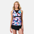 [Emily is 5'10" wearing size S] Woman wearing a colorful tankini top and black shorts on a white background