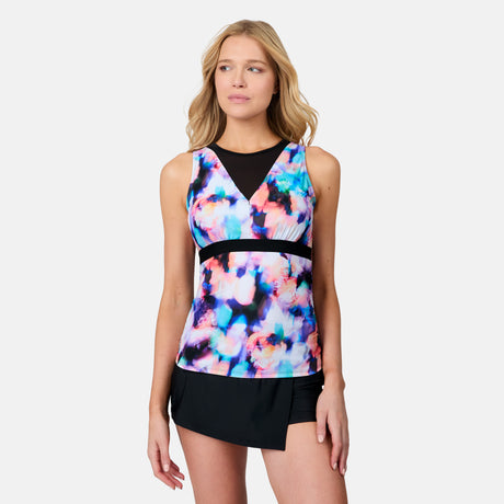 [Emily is 5'10" wearing size S] Woman wearing a colorful tankini top and black shorts on a white background
