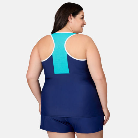 [Melissa is 5'10" wearing size 1X] Woman wearing a blue and turquoise swimsuit on a white background