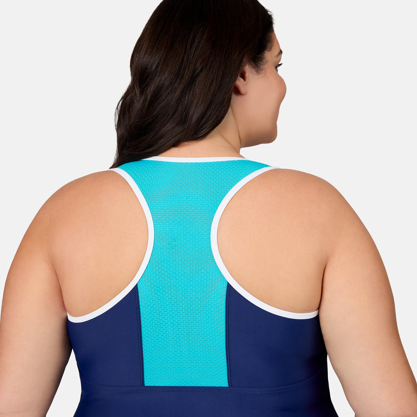 [Melissa is 5'10" wearing size 1X] Person wearing a blue and turquoise swimsuit with a plain background