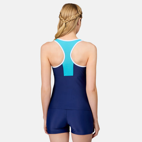 [Emily is 5'10" wearing size S] Person wearing a blue and turquoise swimsuit on a white background