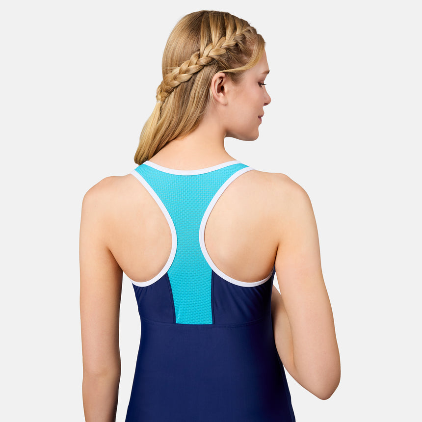 [Emily is 5'10" wearing size S] Woman wearing a blue and navy swimsuit with a white background