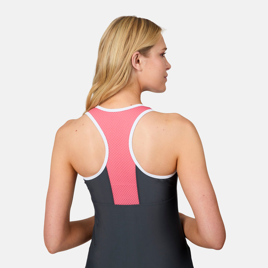 [Emily is 5'10" wearing size S] Woman wearing a black swimsuit with pink mesh panels on a white background