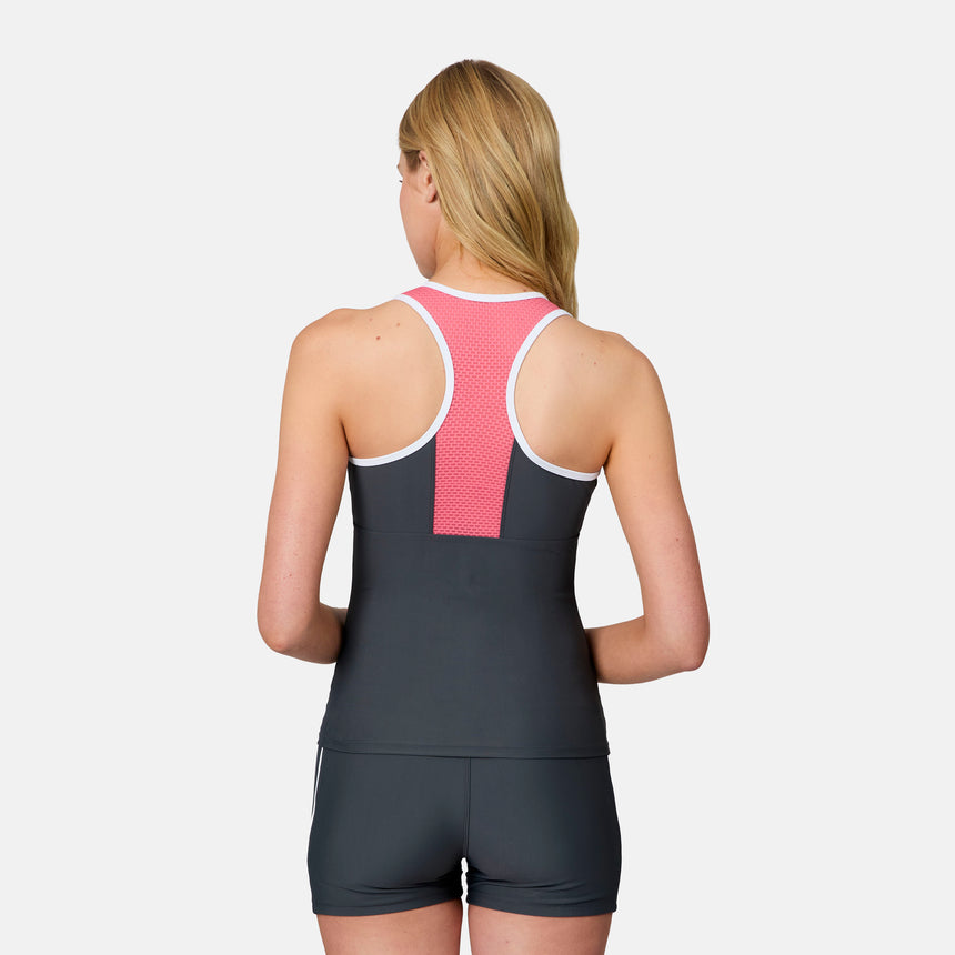 [Emily is 5'10" wearing size S] Person wearing a gray tank top with a pink mesh back panel on a white background