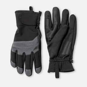The Clearance Men's Softshell Glove is a black winter outdoor glove with gray accents, featuring dotted palm grip, Velcro strap, and pull tab. Insulated and weatherproof, these gloves are ideal for cold-weather activities.