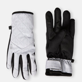 The Clearance Women's Softshell Glove features gray quilted backs and black palms/fingers, with adjustable wrist straps, Thinsulate insulation, and touchscreen texting tips. One glove is displayed palm up, the other palm down.