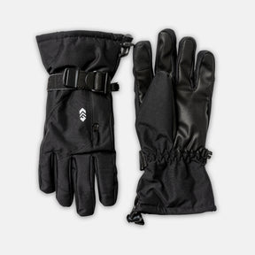The Clearance Women's Ski Glove, shown front and back on a light gray background, is black, made with recycled polyester, features adjustable wrist straps and textured palms.