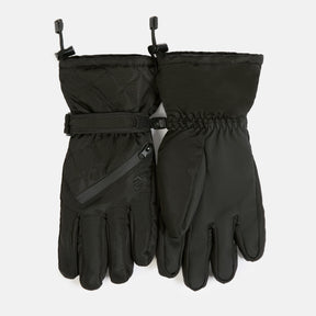 Aquarius Women’s Quilted Ski Gloves in black, featuring quilted fabric, adjustable wrist straps, zippered pockets on the back of the hands, and texting fingers.