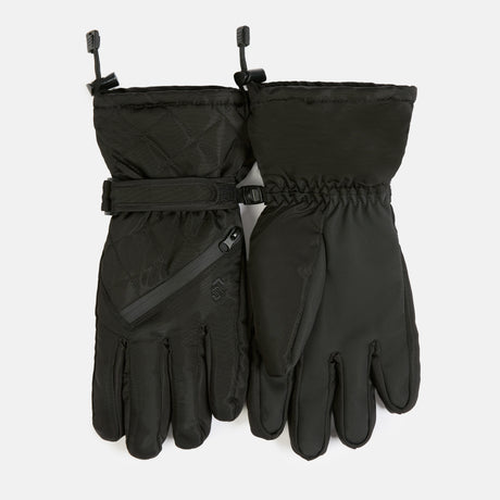 Aquarius Women’s Quilted Ski Gloves in black, featuring quilted fabric, adjustable wrist straps, zippered pockets on the back of the hands, and texting fingers.